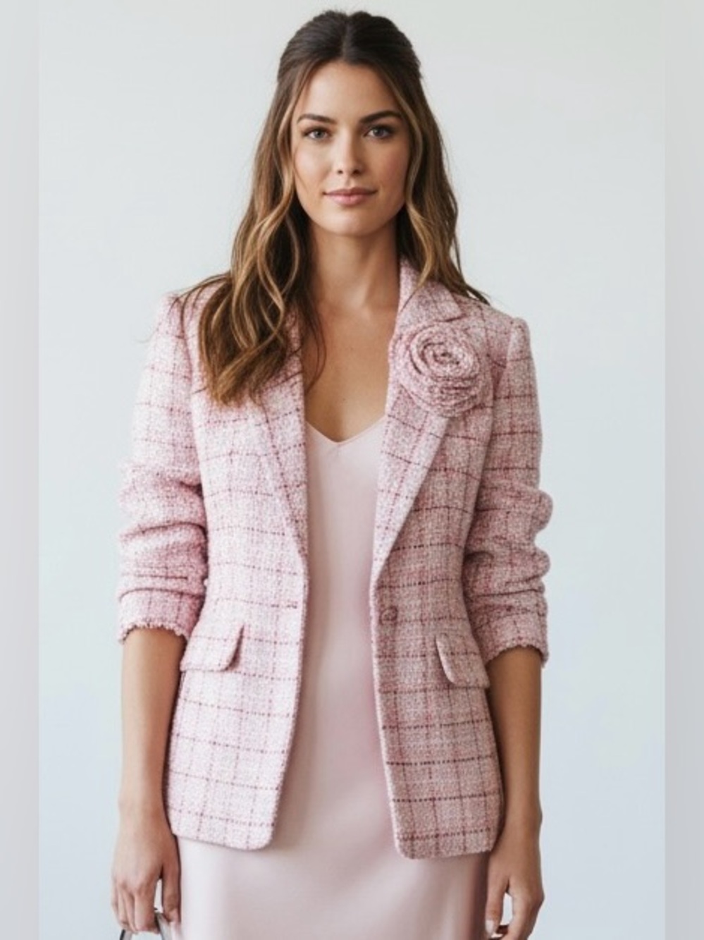 Cinq à Sept Pink Boucle Tweed Rosette Blazer Raw Edge Trim | Size 8